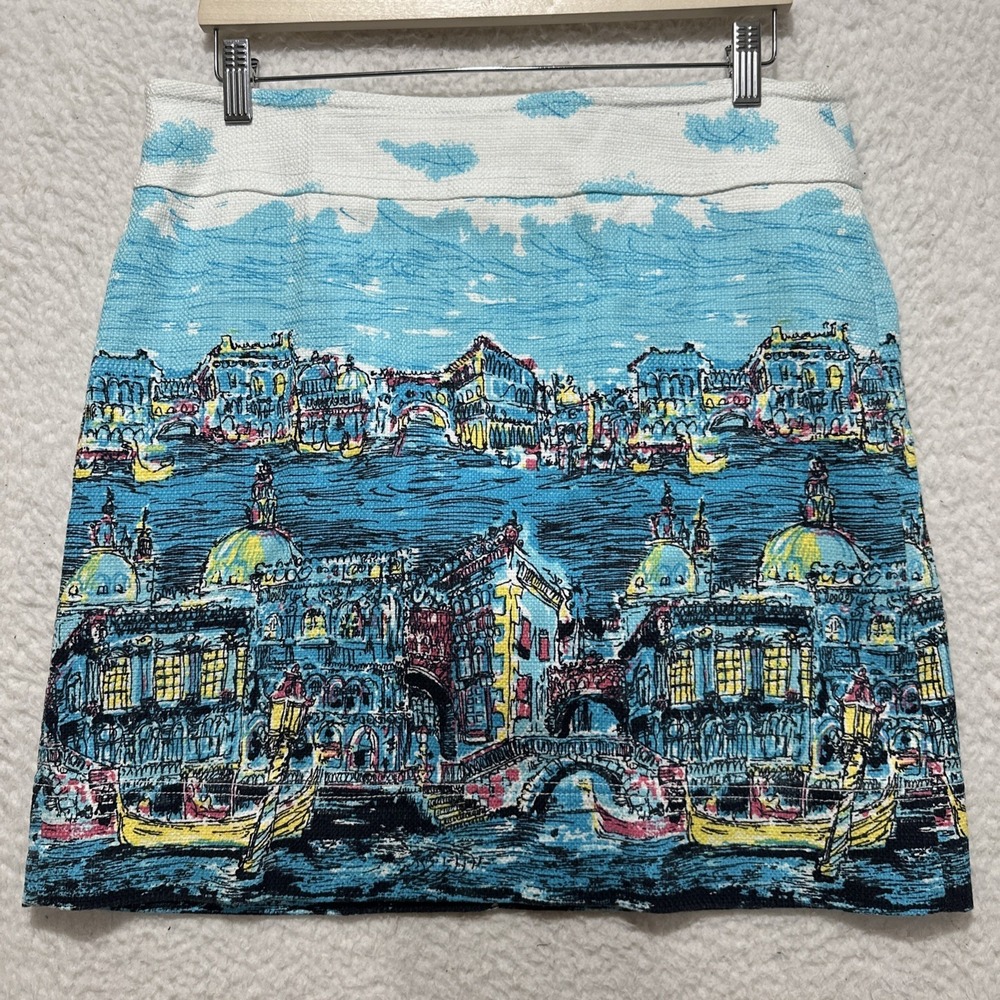 Talbots Women's Size 12P Pencil Skirt Venice Italy Canal Cityscape Scene Lined